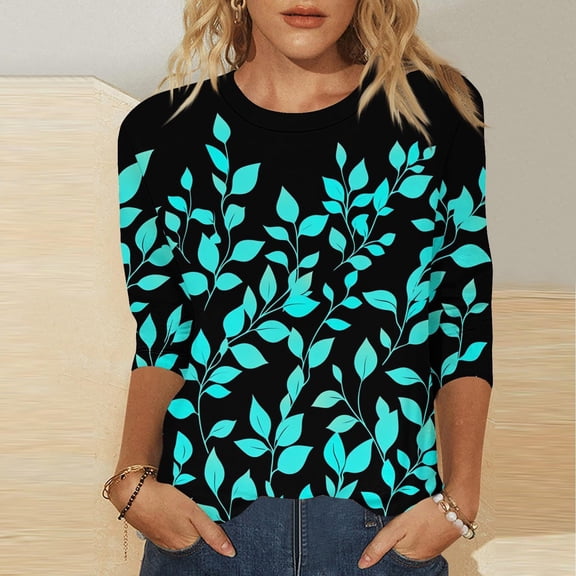 AKEGAMN 3/4 Length Sleeve Casual Round Neck Loose Fit Ladies T Shirt Tops, Gold S-XXL