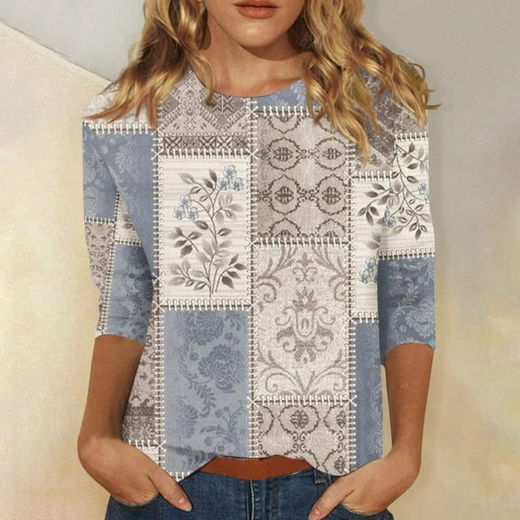 AKEGAMN 3/4 Length Sleeve Floral Print Crew Neck Casual Tees, White S-3XL