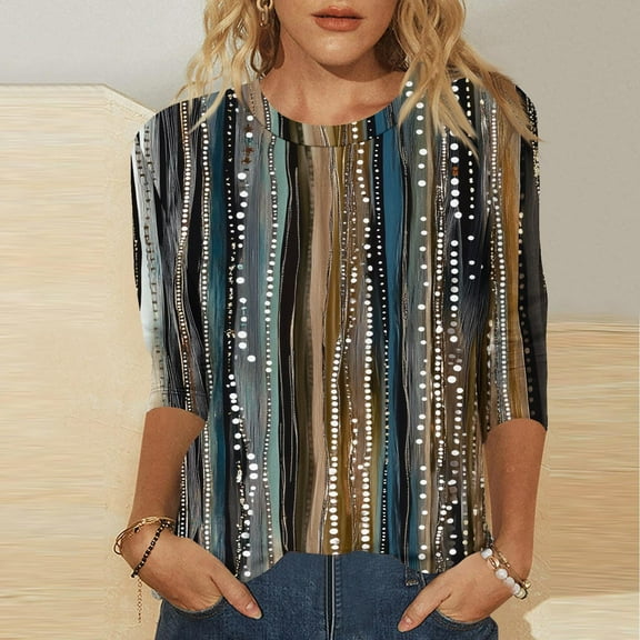 AKEGAMN 3/4 Sleeve Casual Round Neck Loose Fit Top - Fashion, Polyester Spandex, Yellow L, Size S-XXL