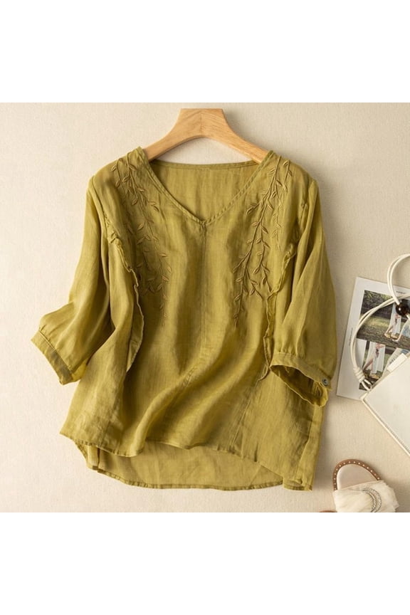 3/4 Sleeve Linen Shirts Lace Embroidery Tunic Blouse Summer Lightweight Loose Hem Chiffon Tops, Yellow 3XL, Size M-3XL