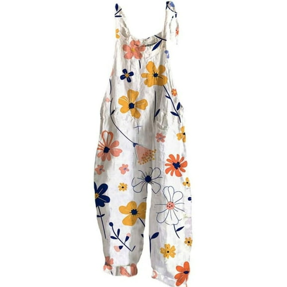 AKEGAMN Boho Floral Jumpsuits Cotton Linen Sleeveless Spaghetti Strap Baggy Romper Wide Leg Overalls with Pockets, Blue S-5XL