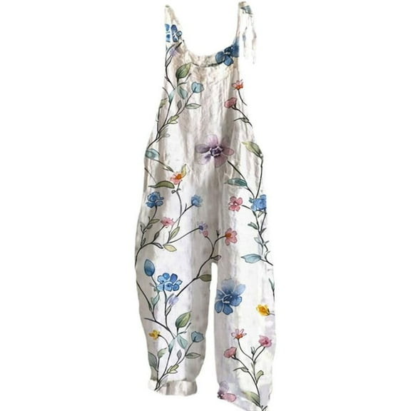 AKEGAMN Boho Floral Jumpsuits Cotton Linen Sleeveless Spaghetti Strap Baggy Romper Wide Leg Overalls with Pockets, Blue S-5XL