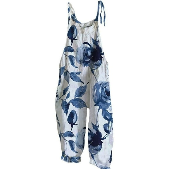 AKEGAMN Boho Floral Jumpsuits Cotton Linen Sleeveless Spaghetti Strap Baggy Romper Wide Leg Overalls with Pockets, Green S-5XL