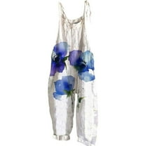 AKEGAMN Boho Floral Jumpsuits Cotton Linen Sleeveless Spaghetti Strap Baggy Romper Wide Leg Overalls with Pockets, Pink S-5XL