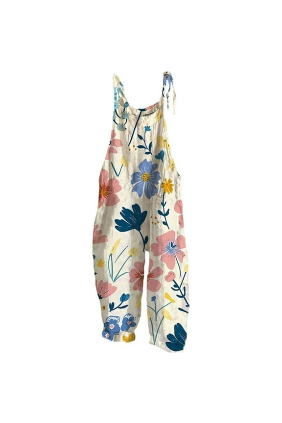 Boho Floral Jumpsuits Cotton Linen Sleeveless Spaghetti Strap Baggy Romper Wide Leg Overalls with Pockets, White S-5XL