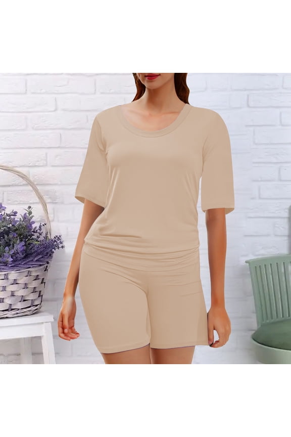 Casual Biker Shorts Set with Short Sleeve for Women, Beige S-XXL