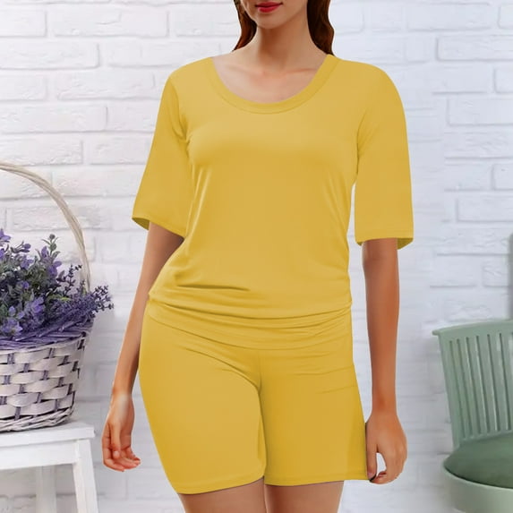 AKEGAMN Casual Biker Shorts Set with Short Sleeve for Women, Yellow S-XXL