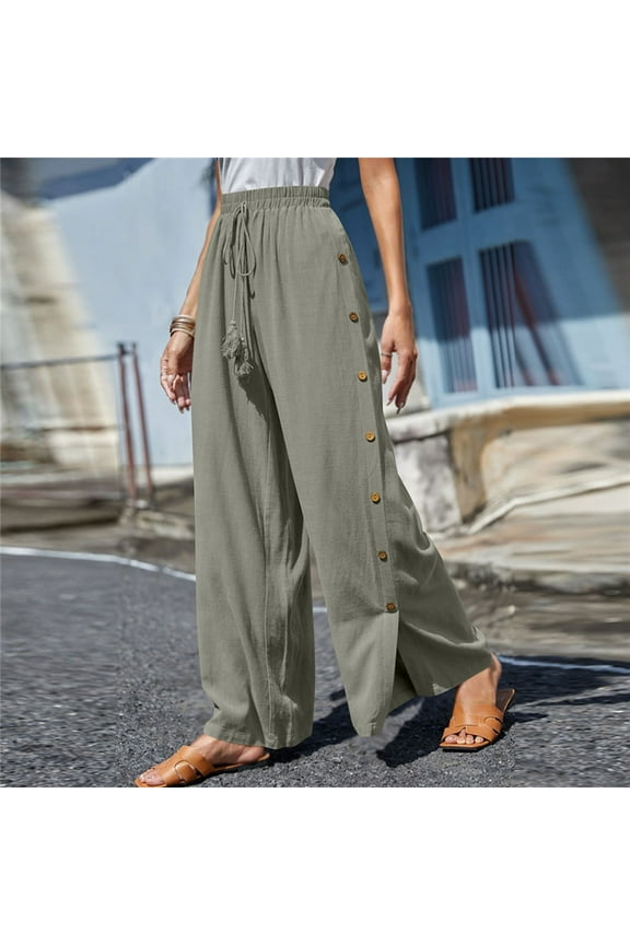 Casual Wide Leg Linen Pants Elastic High Waist Tie Side Split Trousers, Gray S-3XL