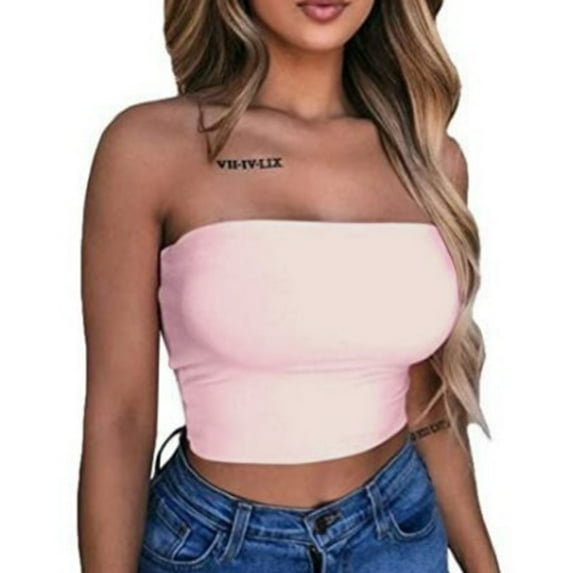 AKEGAMN Chest Wrapped Solid Color Multi Color Strapless Off Shoulder Short Tight Top, Pink S, Size S-XXL