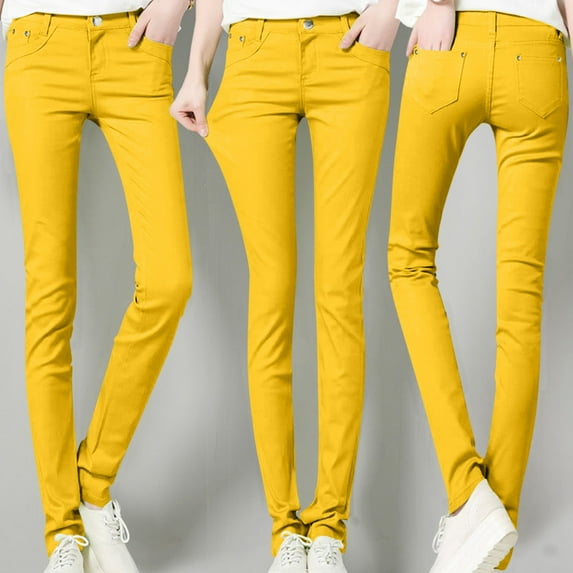 AKEGAMN Classic Solid Color Ankle Casual Regular Fitting Jeans, Yellow L, Size S-XXL
