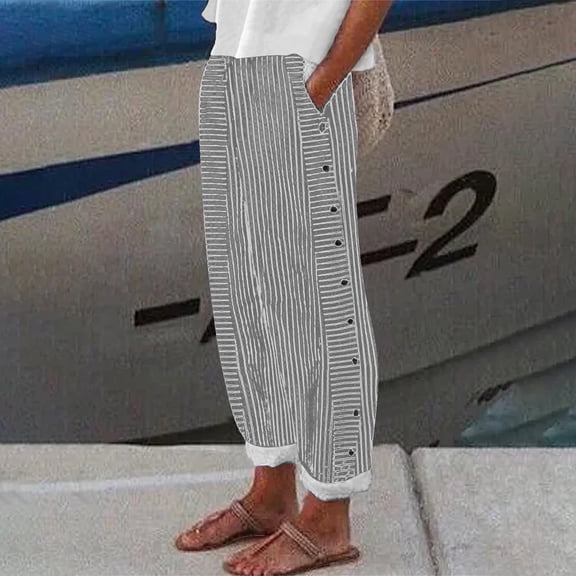 AKEGAMN Cotton Linen Striped Elastic Waist Four Pockets 9/10 Length Pants, Black XS-5XL