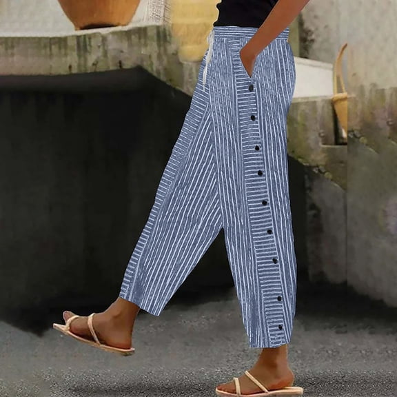AKEGAMN Cotton Linen Striped Elastic Waist High Waist Pocket Side Buttons Nine Point Loose Casual Straight Leg Pants, Blue 3XL, Size XS-5XL