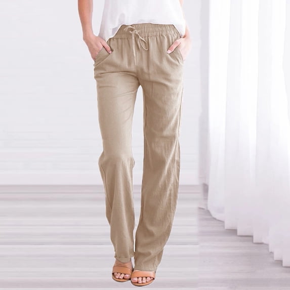 AKEGAMN Cotton and Elastic Waist Drawstring Long Solid Straight Casual Pants, Beige XXL, Size S-3XL