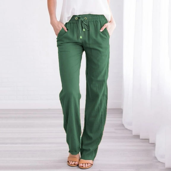 AKEGAMN Cotton and Elastic Waist Drawstring Long Solid Straight Casual Pants, Green XL, Size S-3XL