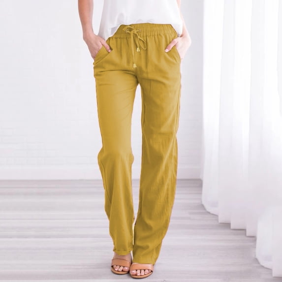 AKEGAMN Cotton and Elastic Waist Drawstring Long Solid Straight Casual Pants, Yellow S, Size S-3XL