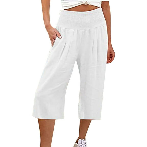 AKEGAMN Cotton and Linen Solid Elastic Waist Cropped High Waist Casual Pants, White S-XXL