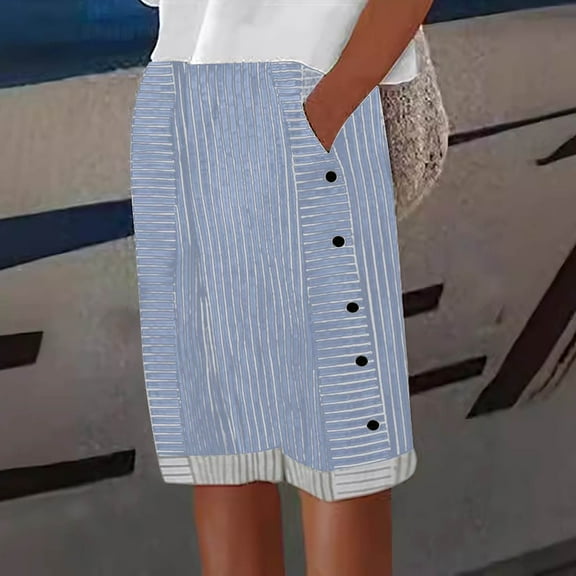 AKEGAMN Cotton and Linen Striped Elastic Waist High Waist Three Quarter Pants, Blue S-3XL