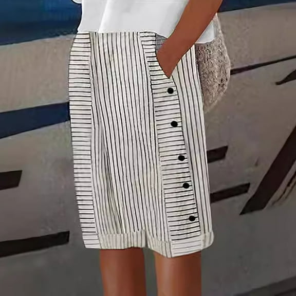 AKEGAMN Cotton and Linen Striped Elastic Waist High Waist Three Quarter Pants, White S-3XL