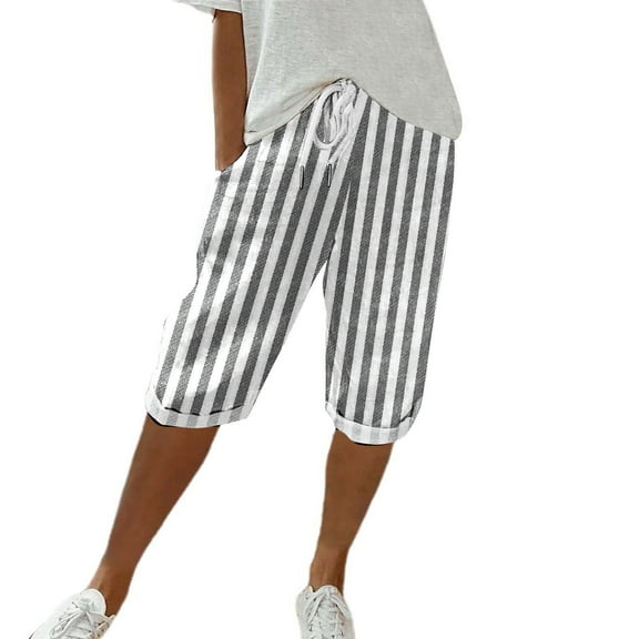 AKEGAMN Cotton and Linen Striped Pocket Elastic Casual Pants Quarter Pants, Black S-3XL