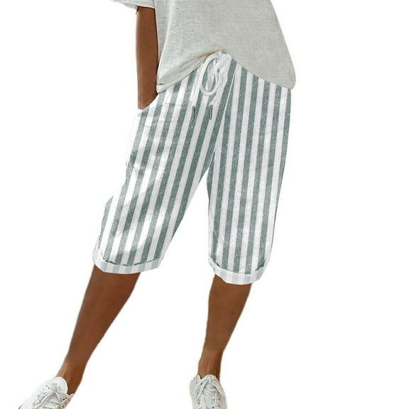 AKEGAMN Cotton and Linen Striped Pocket Elastic Casual Pants Quarter Pants, Green S-3XL