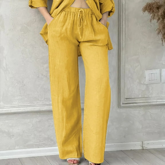 AKEGAMN Daily Elastic Waist Pockets Straight Loose Long Trousers, Yellow S-5XL