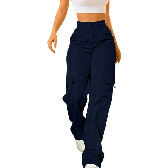 AKEGAMN Daily Elastic Waist Pockets Straight Solid Color Casual Loose Pockets Cargo Long Trousers, Blue M, Size S-XXL