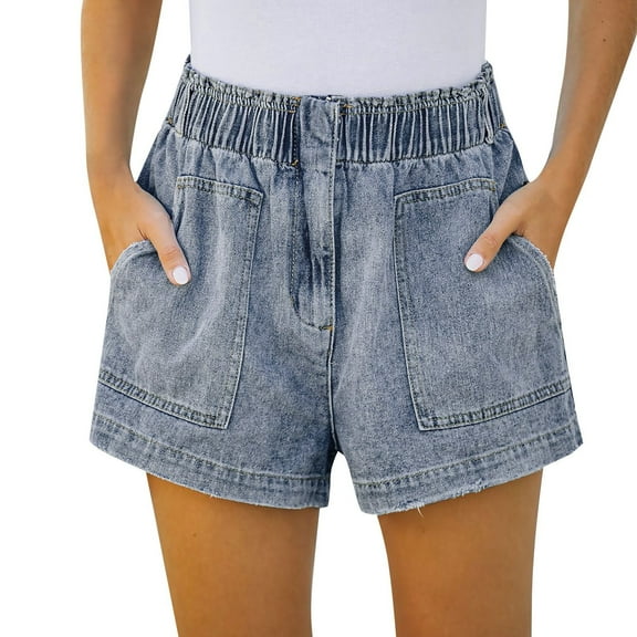 AKEGAMN Denim Shorts Elastic Waist Straight Leg with Pockets, Blue S-XXL