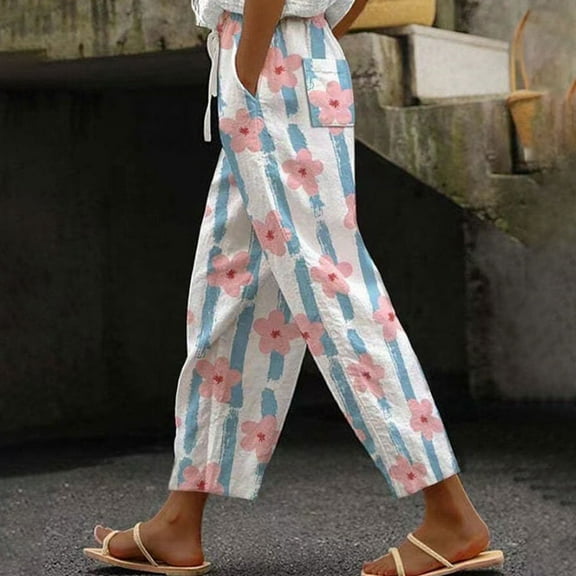 AKEGAMN Elasticated Belt High Waist Pocket Autumn Linen Print Casual Pants, Black S-5XL