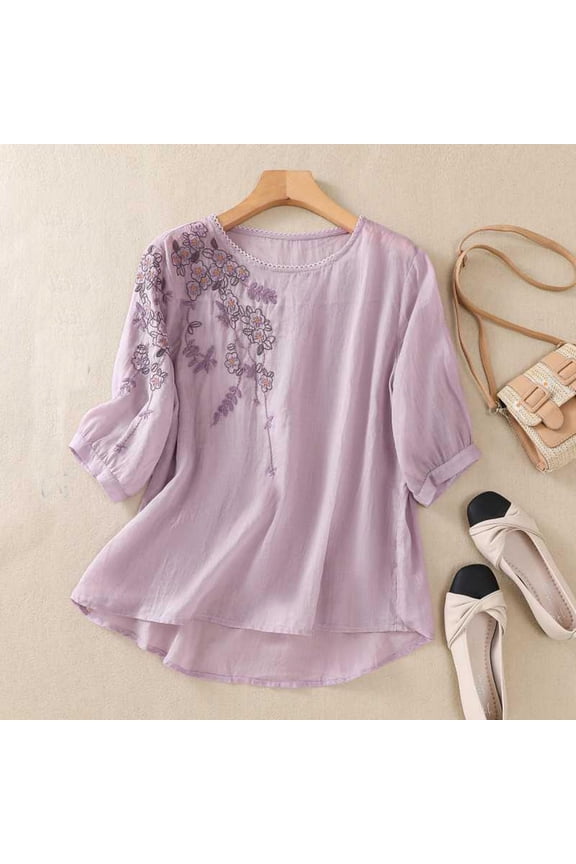 Embroidered Cotton Linen Tunic Top - Boho Ethnic Style, 3/4 Sleeve V Neck Button, Purple L, Size M-3XL