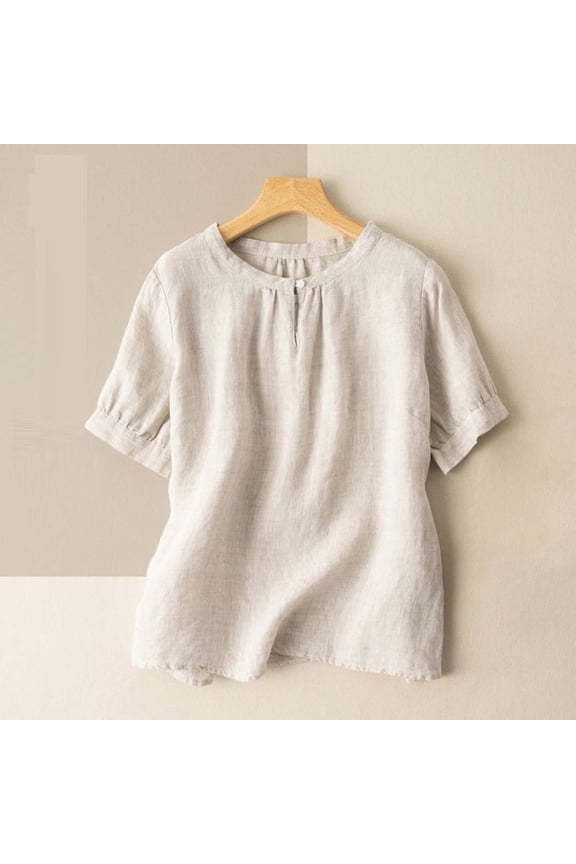 Embroidered Floral Cotton Linen 3/4 Sleeve V Neck Boho Tunic Tops, Beige M-4XL