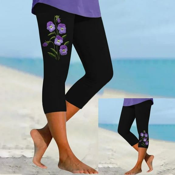 AKEGAMN Fashion Casual Floral Print High Waist Elastic Capri Pants Leggings, Black S-3XL