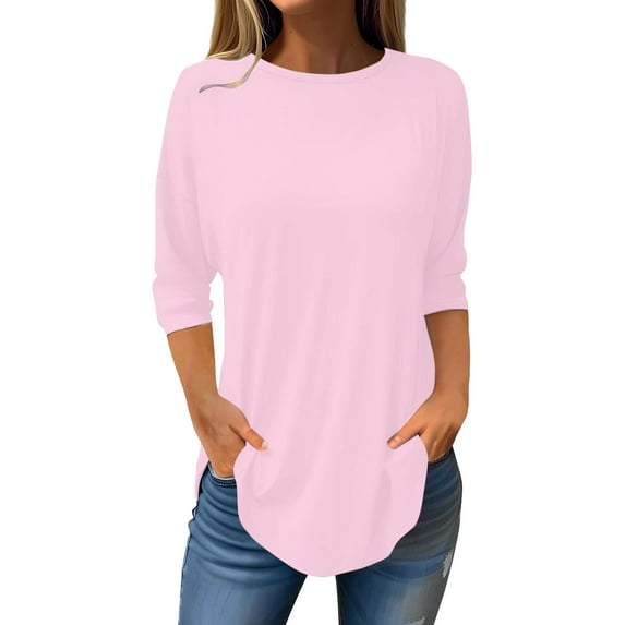 AKEGAMN Fashion Casual Round Neck Three Quarter Sleeve Solid Color Top, Pink S-5XL