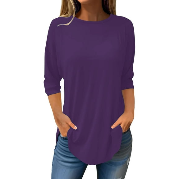 AKEGAMN Fashion Casual Round Neck Three Quarter Sleeve Solid Color Top, Purple S-5XL