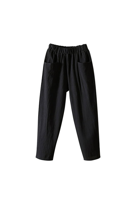 Fashion Solid Color Cotton Flax Elastic Long Pants Beach Leisure Trousers, Black M-4XL