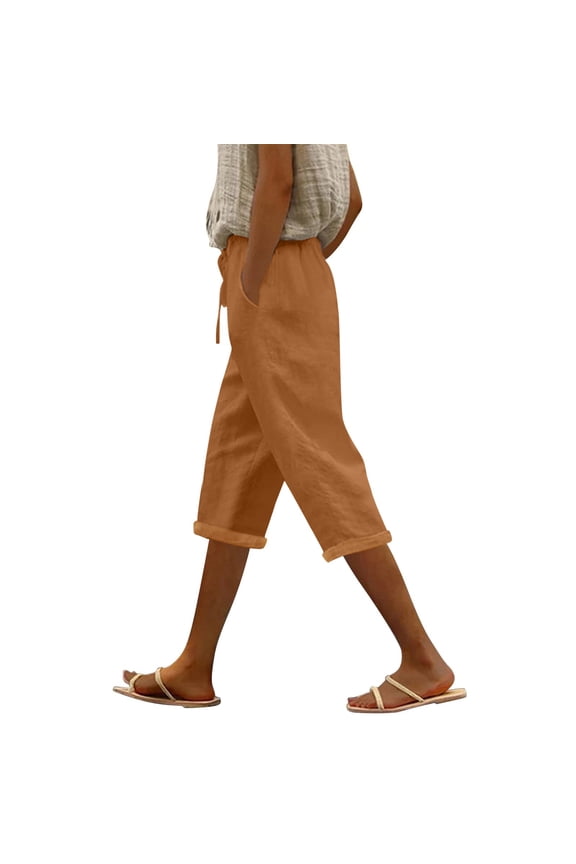 Fashion Solid Color Cotton Flax Elastic Long Pants Beach Leisure Trousers, Gold S-3XL