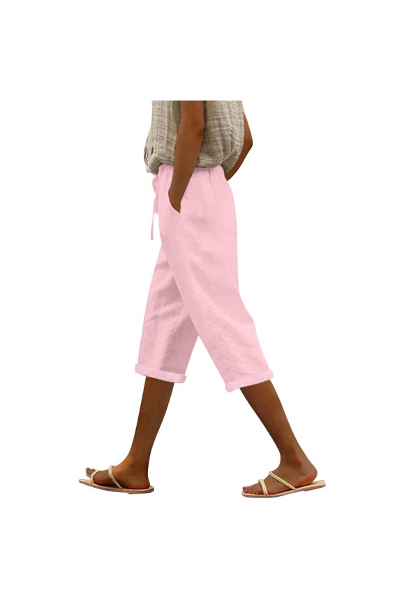 Fashion Solid Color Cotton Flax Elastic Long Pants Beach Leisure Trousers, Pink S-3XL