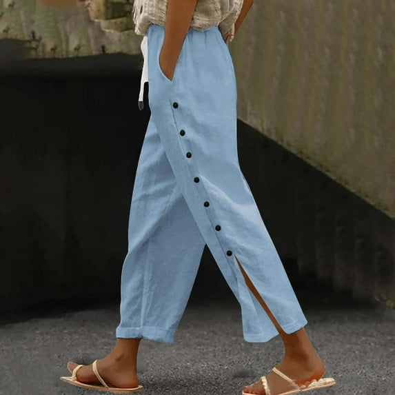 AKEGAMN Fashion Solid Color Cotton Linen Elastic Seven Pants Beach Casual Pants, Blue S, Size S-XXL