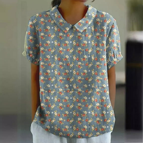 AKEGAMN Floral Print Half Sleeved Round Neck 3/4 Sleeved Loose T-Shirt, Blue XL, Size S-4XL