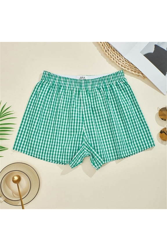Gingham Checkered Cotton Shorts, Green S-XL
