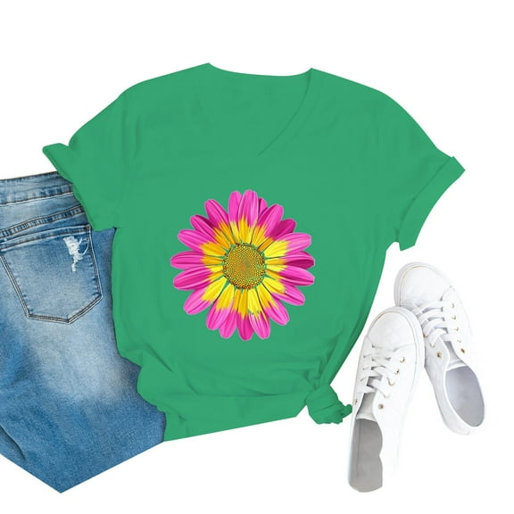 AKEGAMN Green Boho Wildflower Graphic Vintage Floral Loose Short Sleeve Casual T Shirt, S-3XL