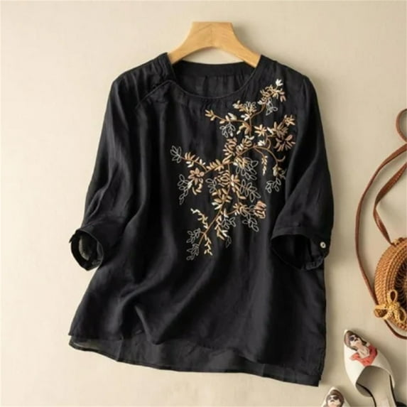 AKEGAMN Half Sleeve Cotton Linen Blouses with Crewneck and Embroidered Details, Black M-3XL
