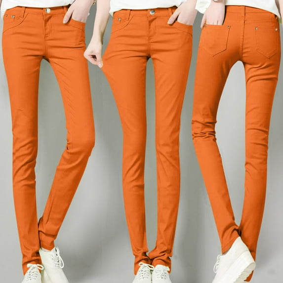 AKEGAMN Classic Solid Color Ankle Casual Regular Fitting Jeans, Orange L, Size S-XXL