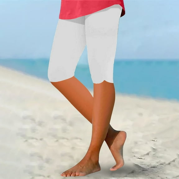 AKEGAMN Knee Length Capri Leggings Summer Cropped Pants Casual Solid Comfy Capris, White S-3XL