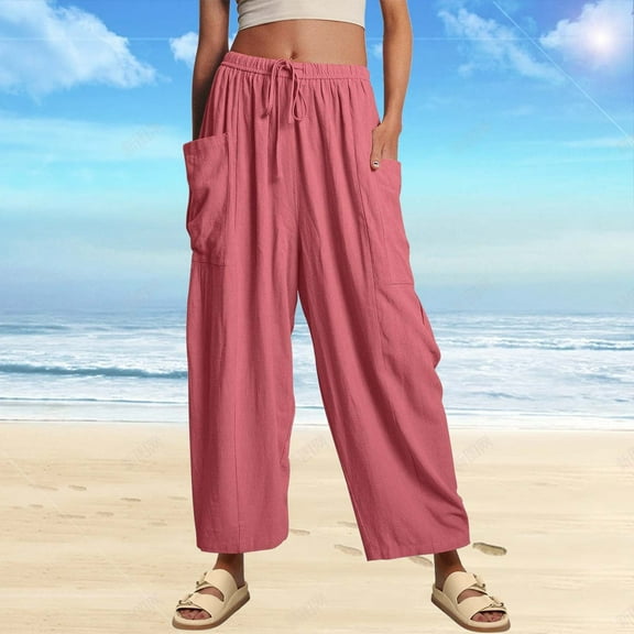 AKEGAMN LILLUSORY Linen Wide Leg Casual Loose Beach Palazzo Pants, Red S-3XL