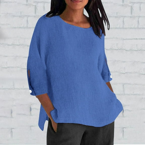 AKEGAMN Ladies' Casual Cotton Linen 3/4 Sleeve Crew Neck Top, Blue S-5XL