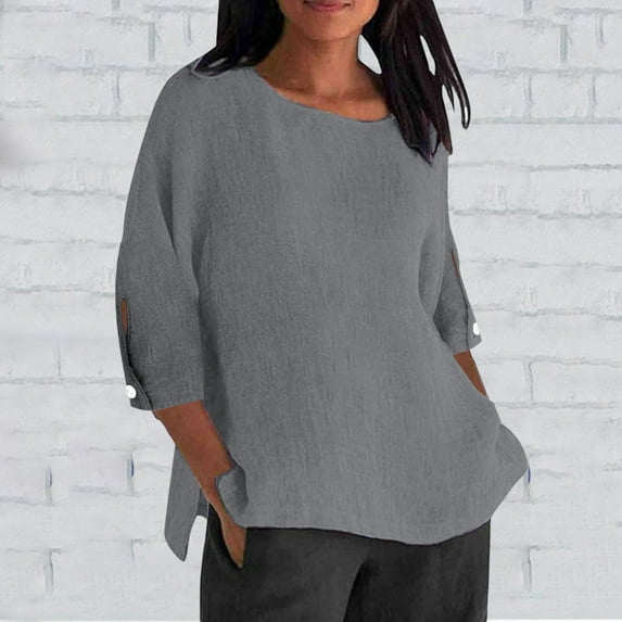 AKEGAMN Ladies' Casual Cotton Linen 3/4 Sleeve Crew Neck Top, Gray S-5XL