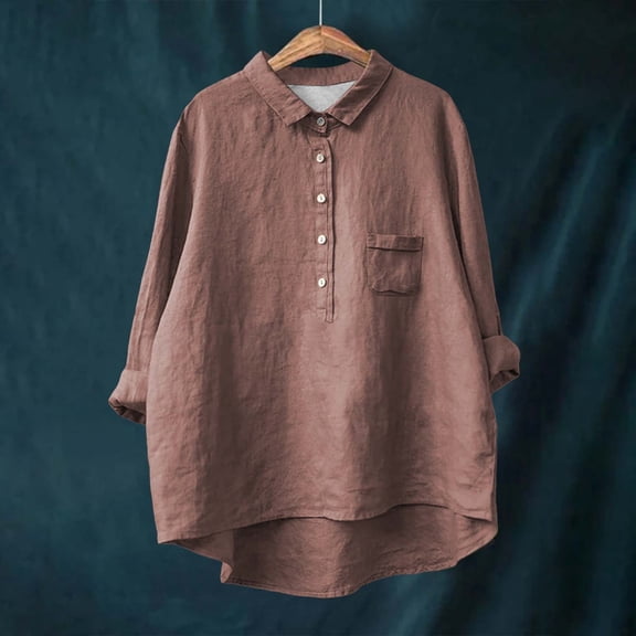 AKEGAMN Lapel Neck Solid Color Cotton Linen Long Sleeve Shirt - Casual, Oversized with Single Pocket, Brown S, Size S-5XL