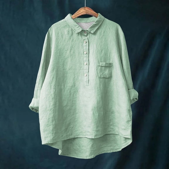 AKEGAMN Lapel Neck Solid Color Cotton Linen Long Sleeve Shirt - Casual, Oversized with Single Pocket, Green XL, Size S-5XL