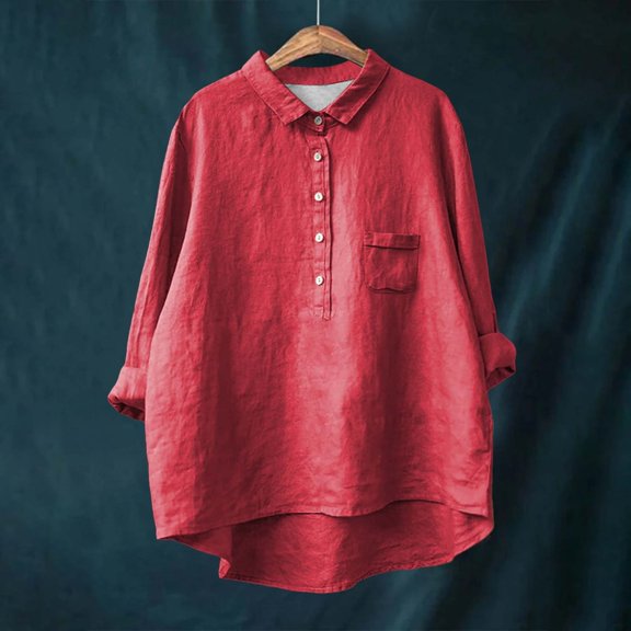 AKEGAMN Lapel Neck Solid Color Cotton Linen Long Sleeve Shirt - Casual, Oversized with Single Pocket, Red 5XL, Size S-5XL