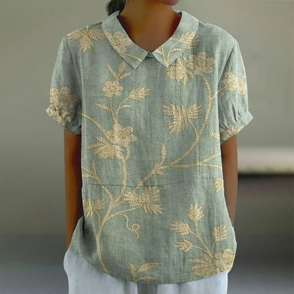 AKEGAMN Linen Lapel Floral Round Neck Loose Pullover Casual T-Shirt, Green S, Size S-4XL